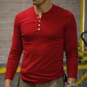 American Apparel Dexter Kill Shirt Henley Men Large Long Sleeve Red Made in USA